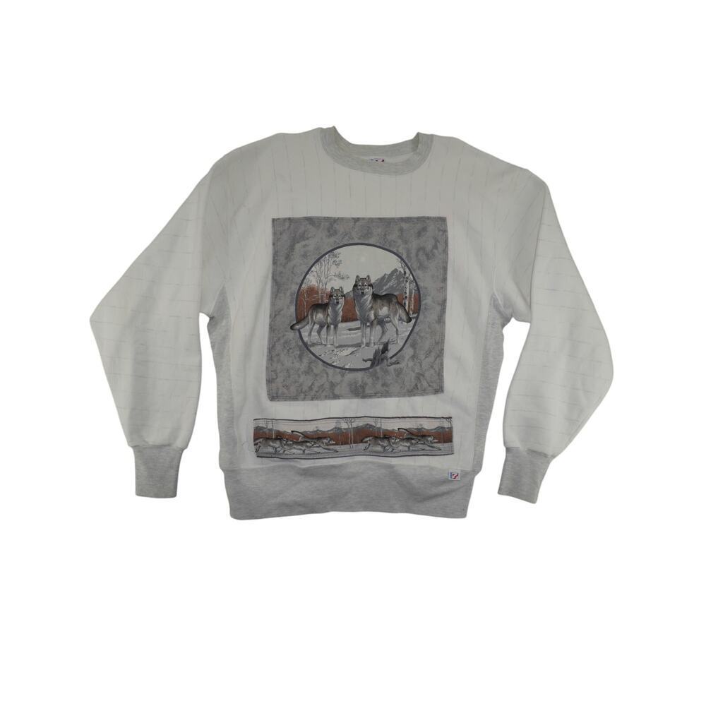 Vintage Wolf Wildlife Graphic Patch Crewneck Sweatshirt XXL USA Made